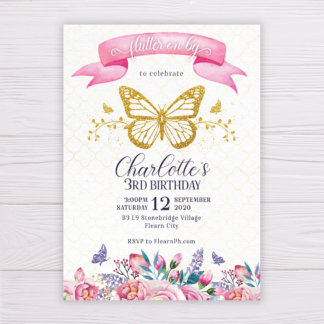 Gold Butterfly Invitation with Watercolor Pink and Purple Flowers