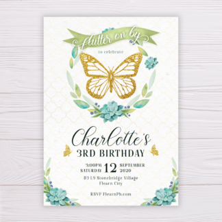 Gold Butterfly Invitation with Watercolor Succulent Wreath