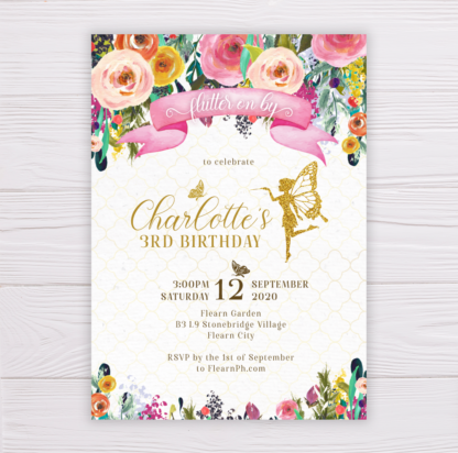 Gold Fairy Invitation with Watercolor Colorful Flowers