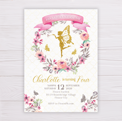 Gold Fairy Invitation with Watercolor Flowers/Floral Wreath
