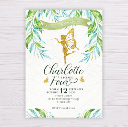 Gold Fairy Invitation with Watercolor Leaves