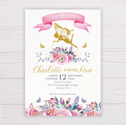 Gold Fairy Invitation with Watercolor Pink and Purple Flowers