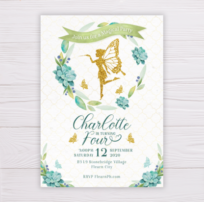 Gold Fairy Invitation with Watercolor Succulent Wreath