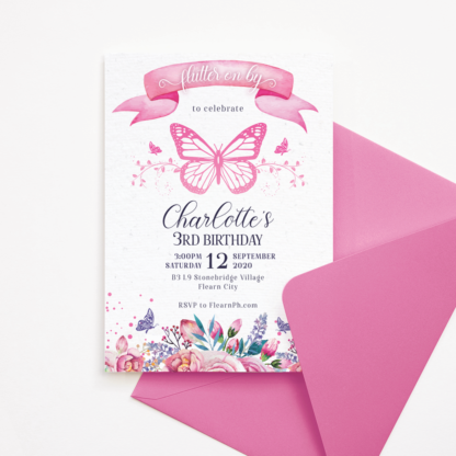 Butterfly Invitation with Pink and Purple Flowers