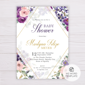 Purple and Blush Flowers Baby Shower Invitation Template