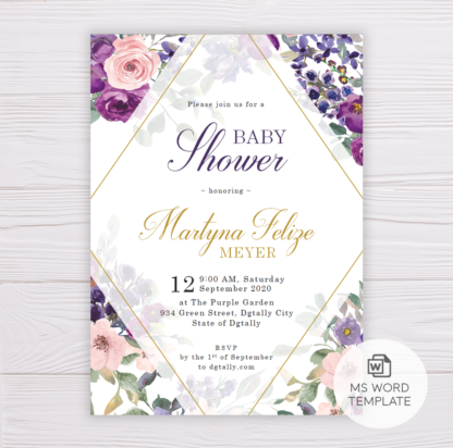 Purple and Blush Flowers Baby Shower Invitation Template