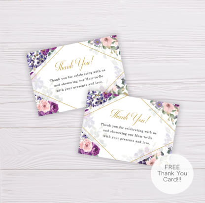 Purple and Blush Flowers Baby Shower Thank You Card Template