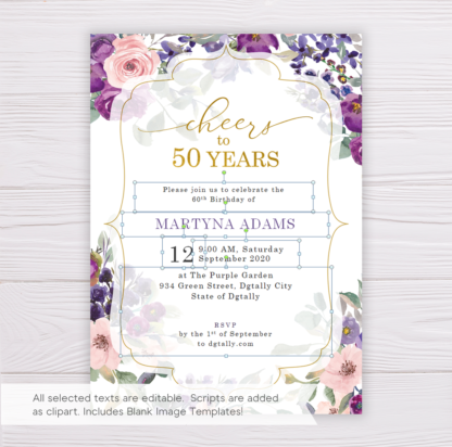 Purple and Blush Flowers Cheers to 50 Years Invitation Template