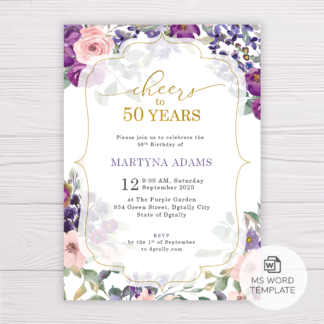Purple and Blush Flowers Cheers to 50 Years Invitation Template