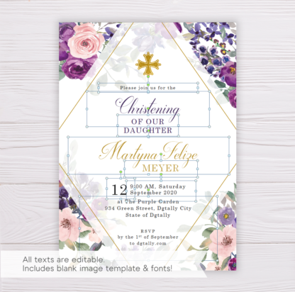 Purple and Blush Flowers Christening Invitation Template