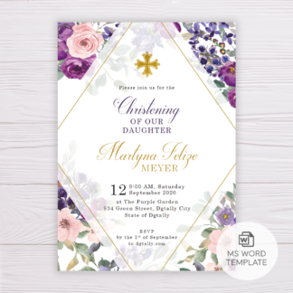 Purple and Blush Flowers Christening Invitation Template