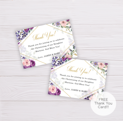 Purple and Blush Flowers Christening Thank You Card Template