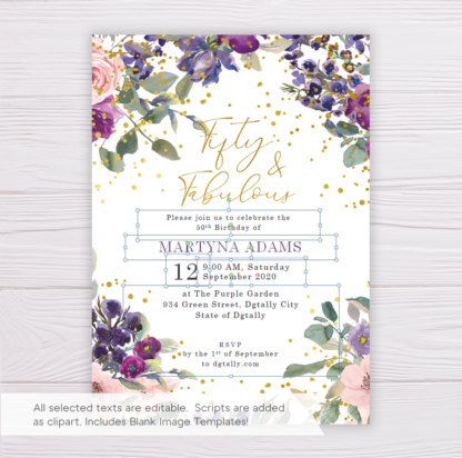 Purple and Blush Flowers Fifty & Fabulous Invitation Template