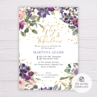 Purple and Blush Flowers Fifty & Fabulous Invitation Template