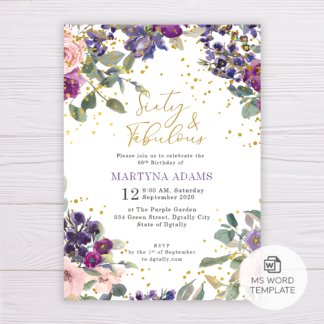 Purple and Blush Flowers Sixty & Fabulous Invitation Template