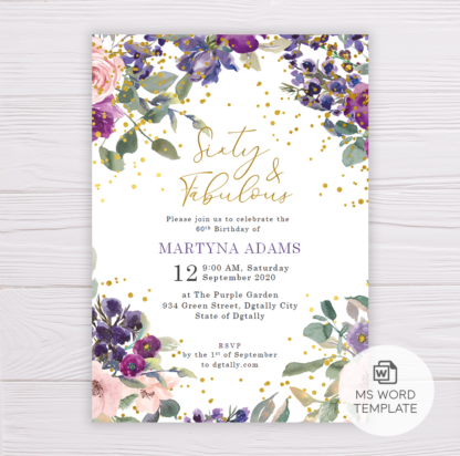 Purple and Blush Flowers Sixty & Fabulous Invitation Template