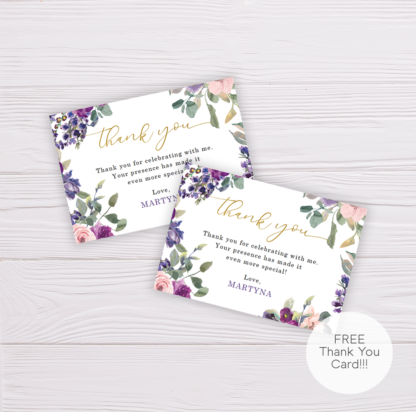 Purple and Blush Flowers Thank You Card Template