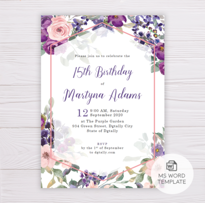 Purple and Blush Flowers Birthday Invitation Template