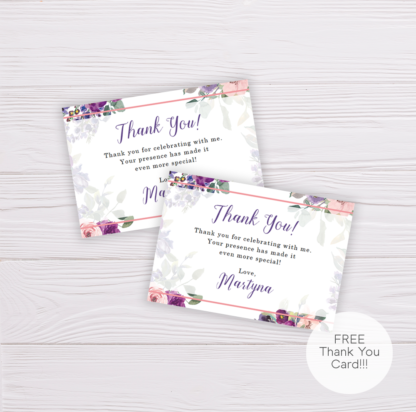Purple and Blush Flowers Birthday Thank You Card Template