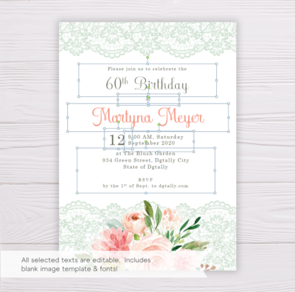 Blush Floral with Lace Birthday Invitation Template