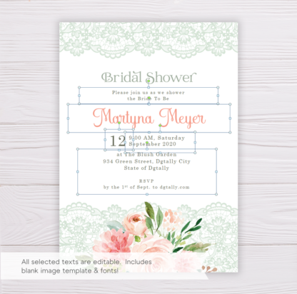 Blush Floral with Lace Bridal Shower Invitation Template