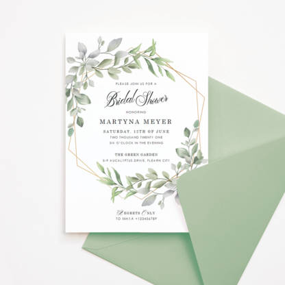 Bridal Shower Invitation Template with Watercolor Green Leaves & Gold Frame