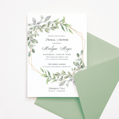Bridal Shower Invitation Template with Watercolor Green Leaves & Gold Frame