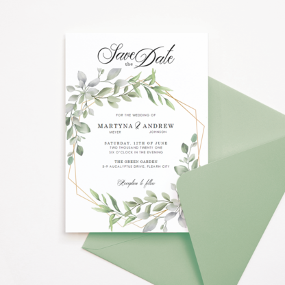 Save the Date Template with Watercolor Green Leaves & Gold Frame