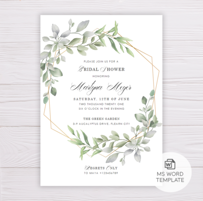Watercolor Green Leaves Bridal Shower Invitation Template