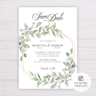 Watercolor Green Leaves Save the Date Template