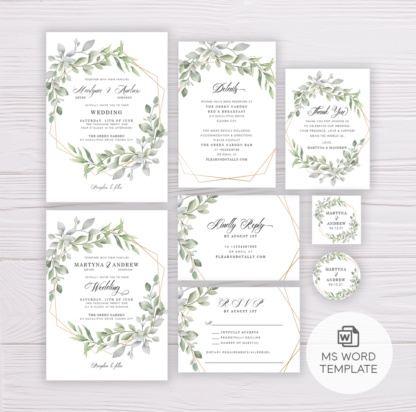 Watercolor Green Leaves Wedding Invitation Suite Template