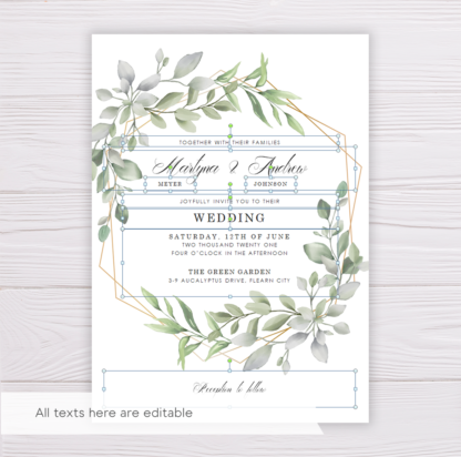 Watercolor Green Leaves Wedding Invitation Template