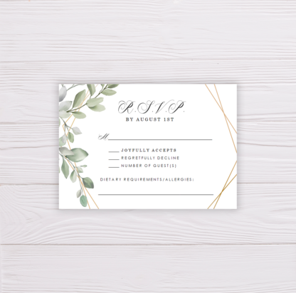 Watercolor Green Leaves Wedding Invitation Suite Template - RSVP Card