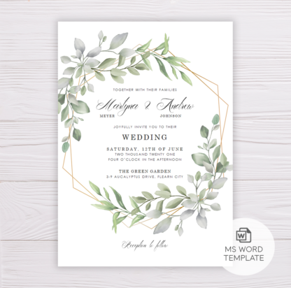 Watercolor Green Leaves Wedding Invitation Template