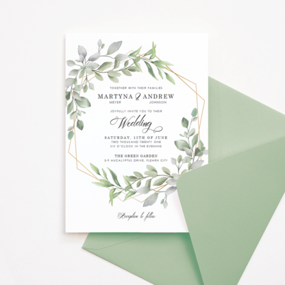 Wedding Invitation Template with Watercolor Green Leaves & Gold Frame