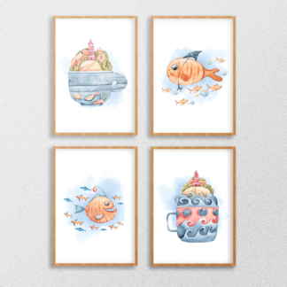 Watercolor Sea Animals Graphic Wall Art Room Decor Printable Set of 4