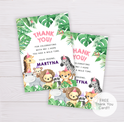 Safari Animals Thank You Card Template for Girls - Pink