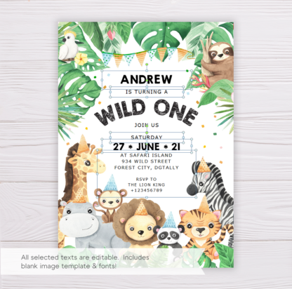 Safari Animals Wild One Invitation Template