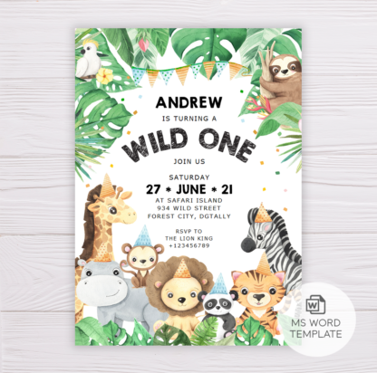 Safari Animals Wild One Invitation Template
