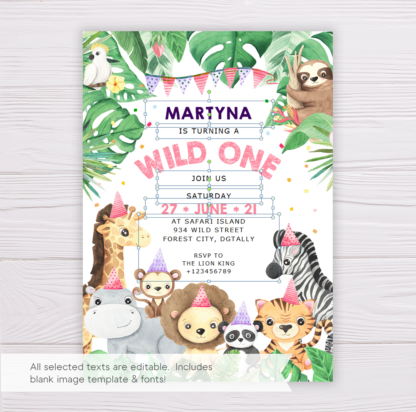 Safari Animals Wild One Invitation Template for Girls - Pink