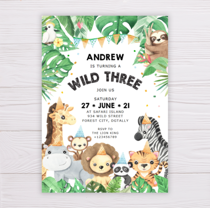 Safari Animals Wild Three Invitation Template