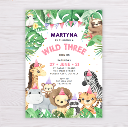 Safari Animals Wild Three Invitation Template for Girls - Pink