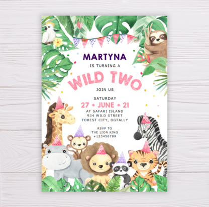 Safari Animals Wild Two Invitation Template for Girls - Pink