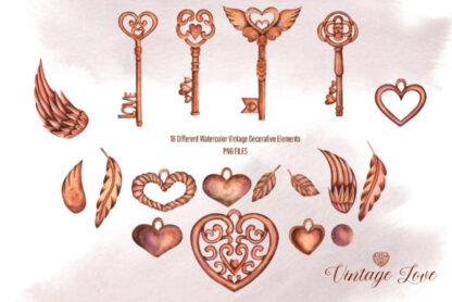 Watercolor Vintage Love Elements Graphics Clipart