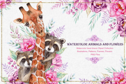 Watercolor Flowers & Animals Graphics Set