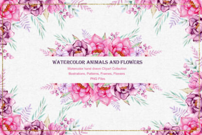 Watercolor Flowers & Animals Graphics Set