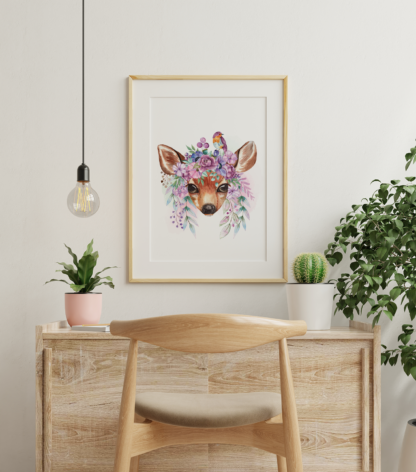 Deer with Flowers Watercolor Graphic Wall Art Room Decor Digital Printable