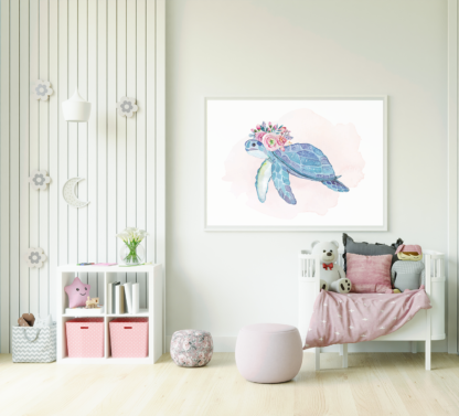 Sea Turtle with Flowers Watercolor Graphic Wall Art Room Decor