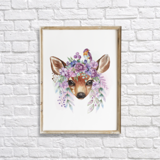 Deer with Flowers Watercolor Graphic Wall Art Room Decor Digital Printable