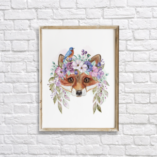 Fox with Flowers Watercolor Graphic Wall Art Room Decor Digital Printable